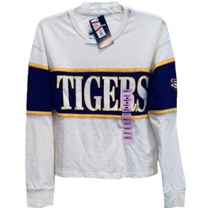 NWT Women's Small White LSU Tigers Cropped Long Sleeve Crew Neck Tee Cotton-Poly